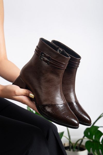 MODA MHS Women's Pointed Toe Thick Heel Buckle Detail Zippered Boots