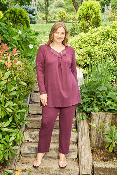Miss Meryem Vişne Yün Viskon Dantel Detaylı Uzun Kol Büyük Beden Tunik Pijama...