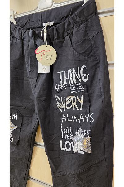 Park Moda Italian Trousers Motto Text Sequin Detail