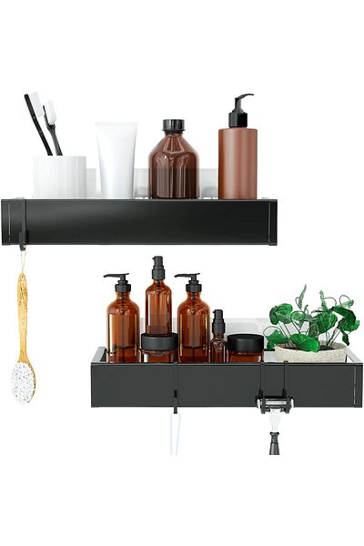 Elindor Bathroom and Shower Shelf, Set of 2 Stainless Steel Shelves, 31 x 11 x 5.5 cm, Black