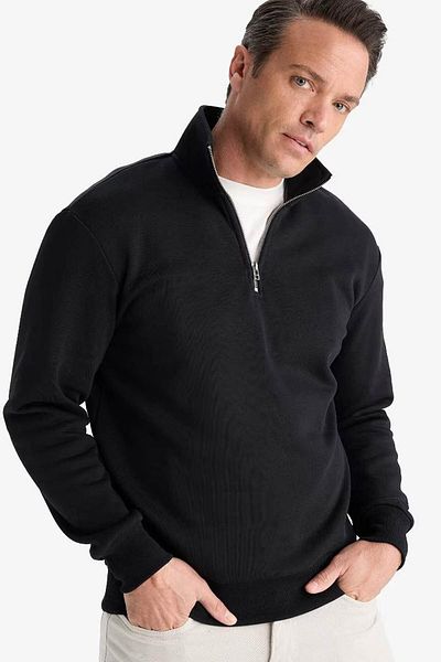 DeFacto Stand Collar Half Zipper Inside Soft Furry Basic Black Men's Sweatshirt X7405Az/Bk81