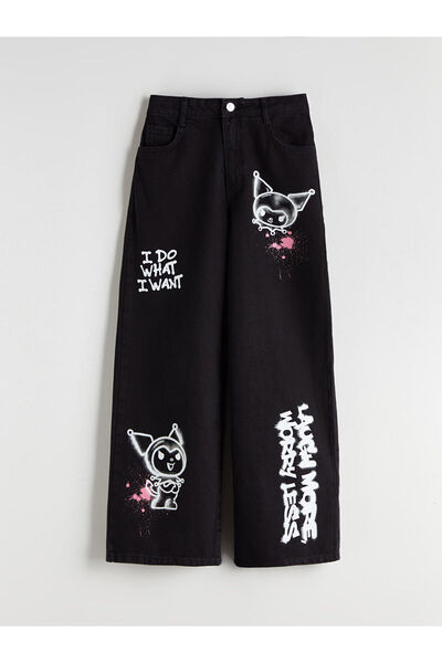 LC Waikiki Lcw Kids Black Wideleg Kuromi Printed Girls' Jean Pants with Nevav...