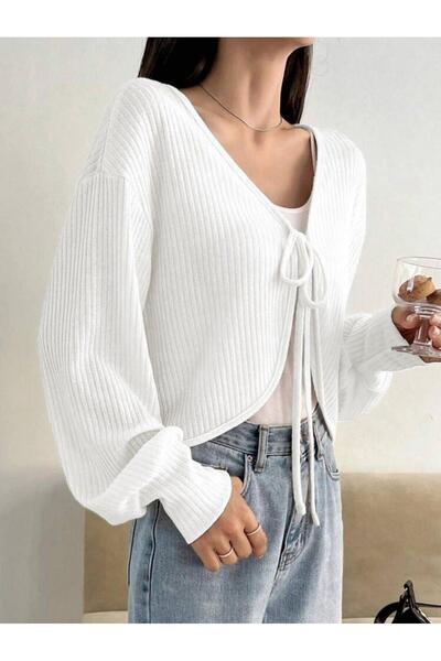 BALİNA Beyaz Balon Kollu Bağcıklı İp Bağlama Y2K Hırka -BLN