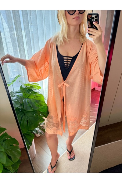 Pina Salmon Embroidery Festoon Processing Kimono Dressing Gown