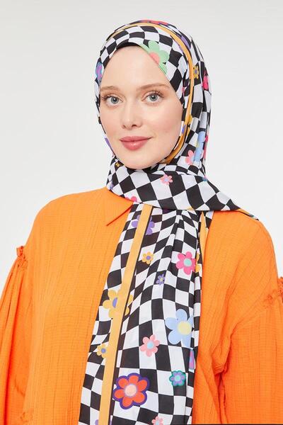 Levidor Orange Flower Pattern Mono Crepe Shawl