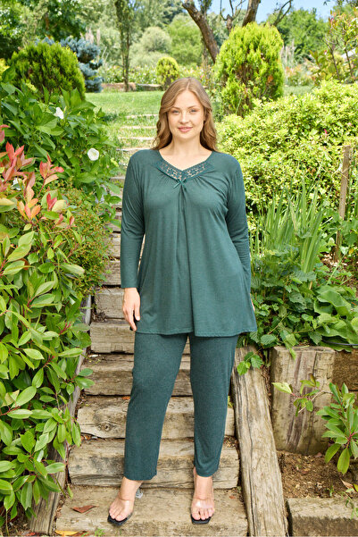 Miss Meryem Yeşil Yün Viskon Dantel Detaylı Uzun Kol Büyük Beden Tunik Pijama...