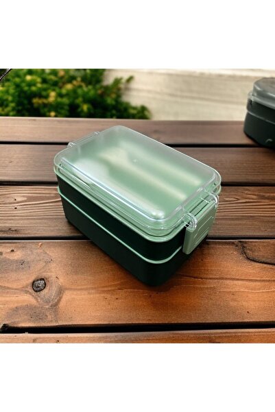 SANALTİCARETİM Rectangular Two-Layer Green Color 900 ml Lunch Box Lunch Box Lunch Box Set Storage Container