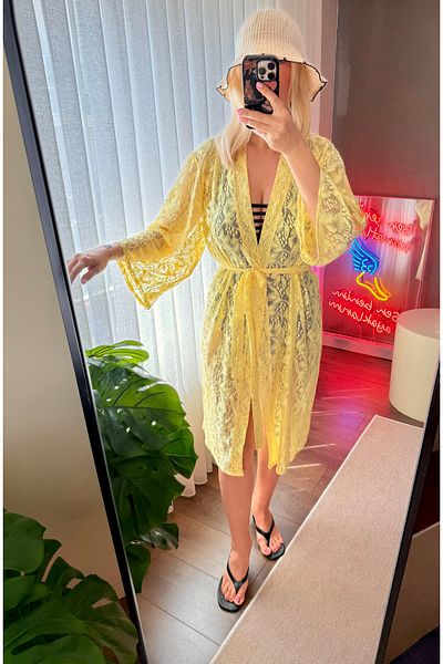Pina Yellow Lace Kimono Dressing Gown