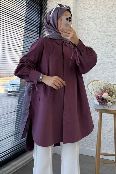 MELEK ARAZ Premium Tie-Up Poplin Tunic with Sleeves - Plum