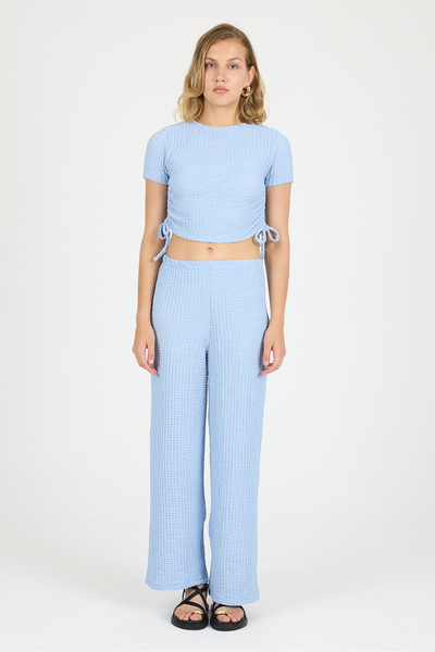 COMBİNE MİCHAİL Women's Crop Blouse Wide Leg Pants Blue Set