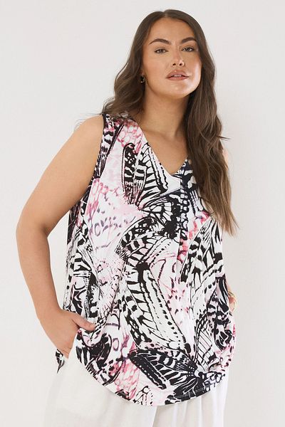 Stil Diva Plus Size V-Neck Zero Sleeve Patterned Asymmetric Cut T-Shirt 616291