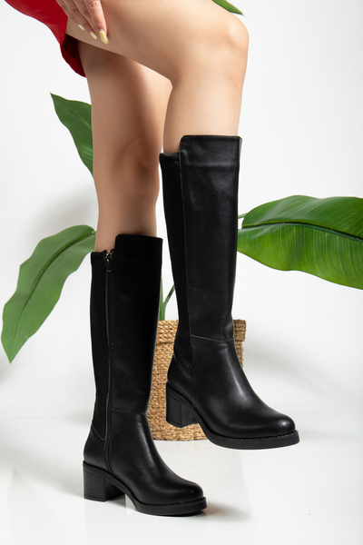 Lolo Life Women's Sabina Black Leather Heeled Back Diver Fabric Boots Heel 5 cm