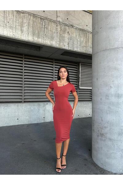 Modafeminen Sandy triangle neck detailed midi evening dress 583290 brick