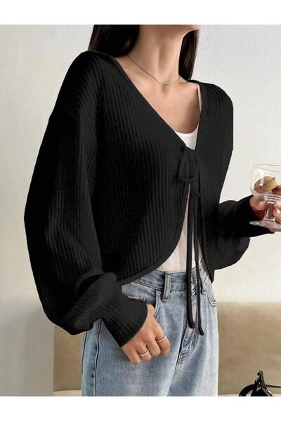 BALİNA Siyah Balon Kollu Bağcıklı İp Bağlama Y2K Hırka -BLN