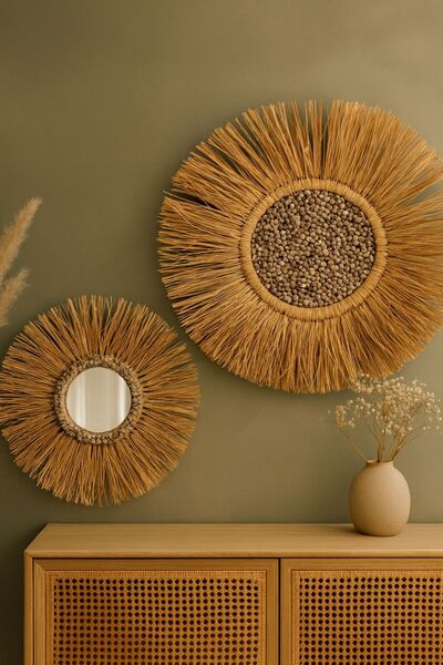 Home Bohem Handmade 2'li Set Deniz Boncuklu Aynalı Doğal Rafya Duvar Süsü
