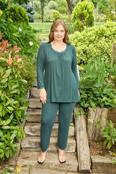 Miss Meryem Yeşil Yün Viskon Dantel Detaylı Uzun Kol Büyük Beden Tunik Pijama...