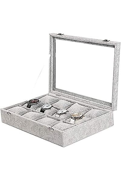 PADOM Grey Velvet Watches Organizer 12 Grid Watch Holder Jewelry Storage Box Display Case for Men an