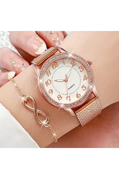 stainless steell gül beyaz kuvars saat sonsuzluk bileklik set