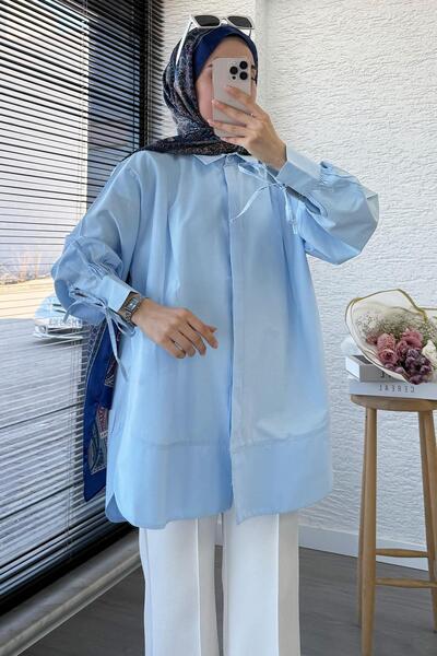 MELEK ARAZ Premium Tie-Up Poplin Tunic with Sleeves - Blue