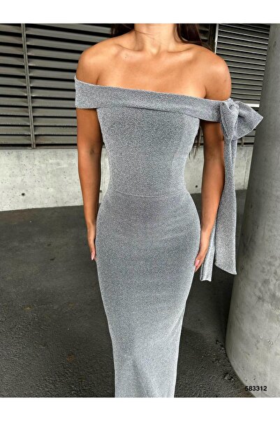 Modafeminen Flowers Madonna Collar Bow Λεπτομερές βραδινό φόρεμα 583312 Ασημί