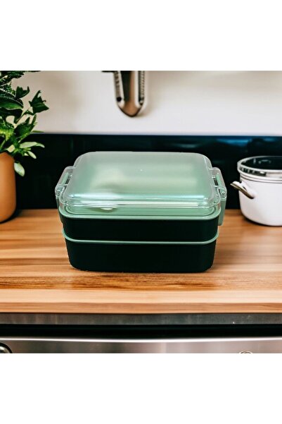 SANALTİCARETİM Rectangular Two-Layer Green Color 900 ml Lunch Box Lunch Box Lunch Box Set Storage Container