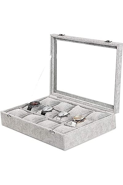PADOM Grey Velvet Watches Organizer 12 Grid Watch Holder Jewelry Storage Box Display Case for Men an