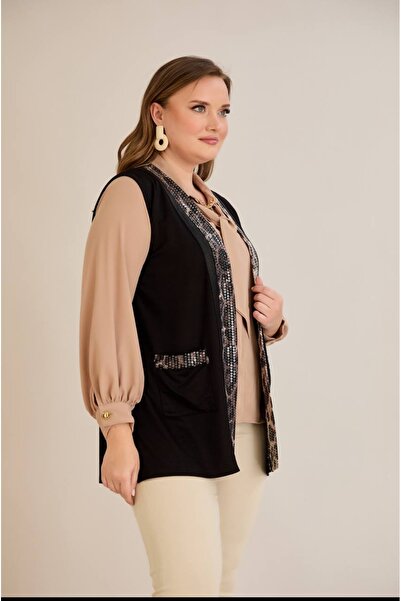 PARKDERİN Plus Size Soft Textured, Long Leopard Printed Pocket Vest