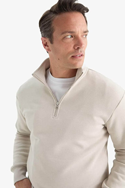 DeFacto Dik Yaka Yarım Fermuarlı İçi Yumuşak Tüylü Taş Erkek Sweatshirt X7405AZ/BG766