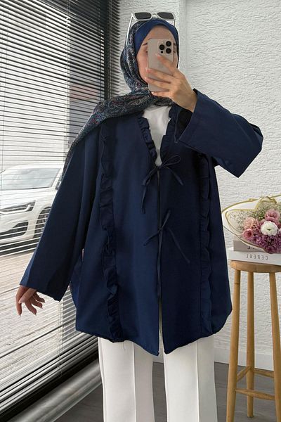 MELEK ARAZ Poplin Kimono with Ruffle Detail on the Front – Navy Blue
