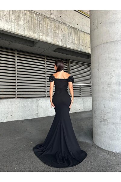 Modafeminen Flowers Yarım Balıkçı Yaka Broş Detaylı Midi Abiye Elbise 583281 Siyah