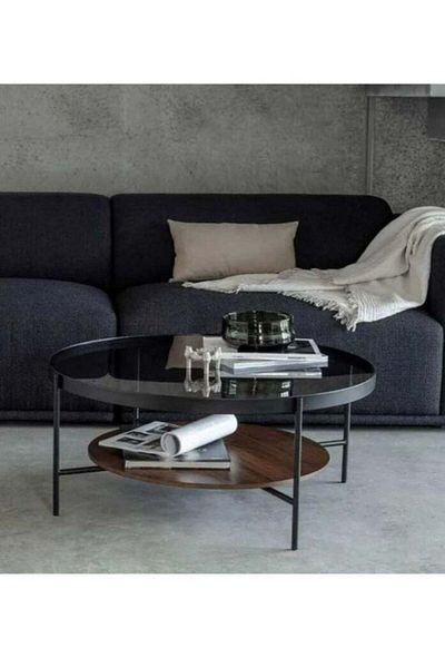 Generic Black Marble Metal & Wood Coffee Table - 80×80×45 cm