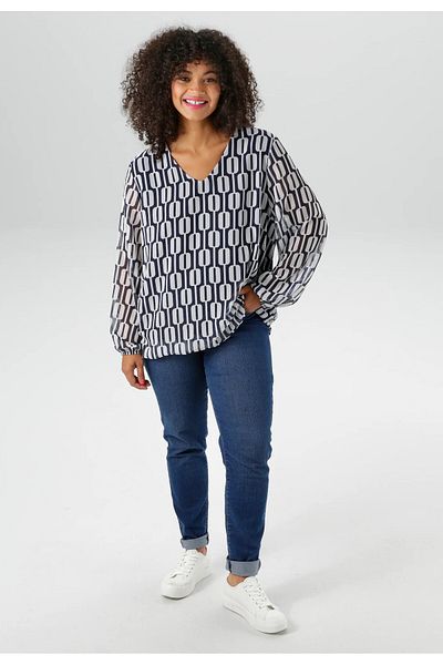 Şans Women's Plus Size Navy-White, Graphic Patterned Lined Chiffon Blouse 65N39099