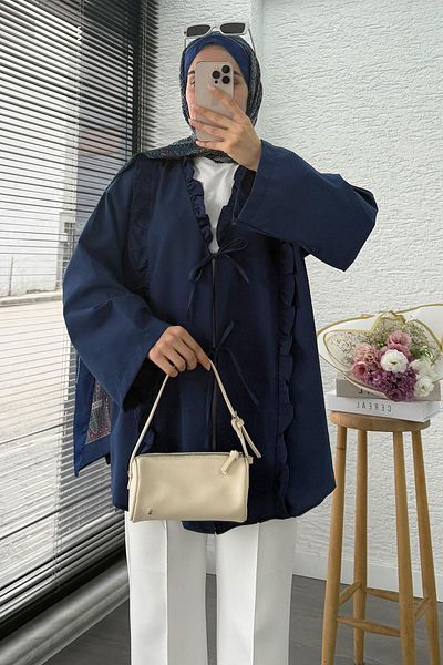 MELEK ARAZ Poplin Kimono with Ruffle Detail on the Front – Navy Blue