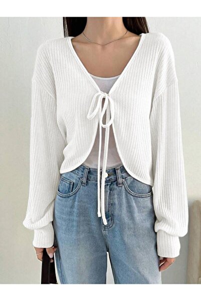 BALİNA Beyaz Balon Kollu Bağcıklı İp Bağlama Y2K Hırka -BLN