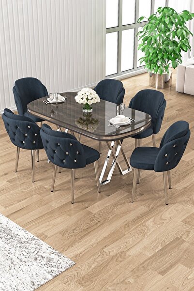 Canisa Zae Serisi 90x168 Lak Panel Antrasit Ironi Krom Ayak Masa Takımı 6 Antrasit Sandalye