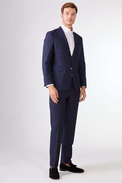 Dufy Navy Blue Herringbone Men's Suit - Slim Fit