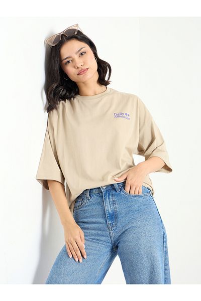 Styli Beige Dropped Shoulder Oversized T-Shirt