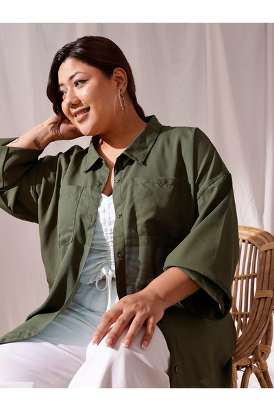 CURVY STREET By Styli Plus Olive Oversized Shirt with Pockets