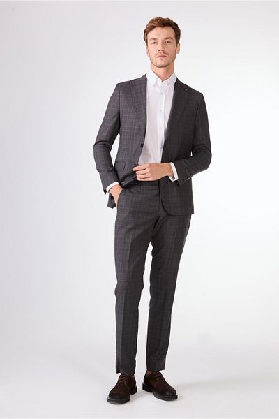 Dufy Gray Herringbone Men's Suit - Slim Fit