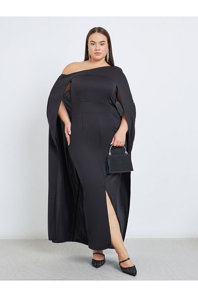 Styli Plus Cape Sleeve Maxi Dress with Front Slit