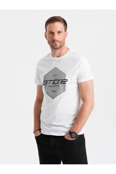 OMBRE Herren-T-Shirt aus Baumwolle mit geometrischem Aufdruck und Logo - weiß...
