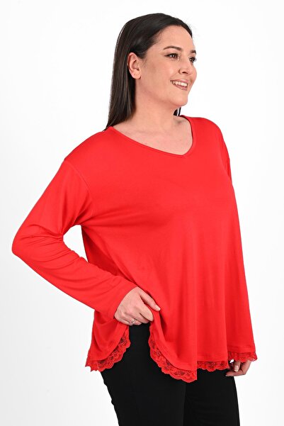 Koza Butik Women's Plus Size Blouse with Guipure Lace Detail on Skirts 1386-23