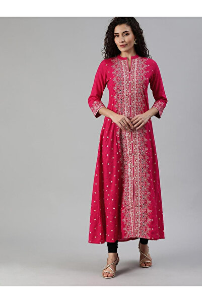 Ishin By Styli Women Pink White Printed A-Line Kurta with Mirror Work