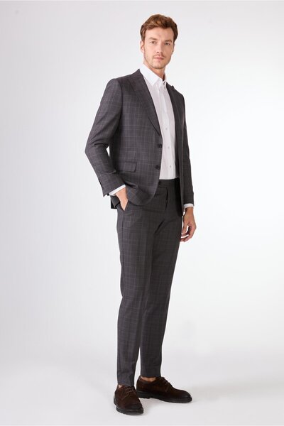 Dufy Gray Herringbone Men's Suit - Slim Fit