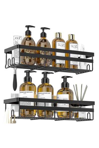 Elindor Set of 2 shower shelves, adhesive mounting, no holes, bathroom/kitchen organizer, black