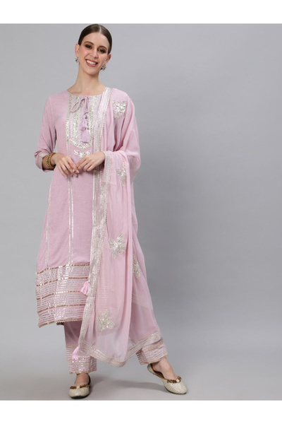 Ishin By Styli Women Purple Ethnic Embroidered Kurta with Trousers and Dupatta Set