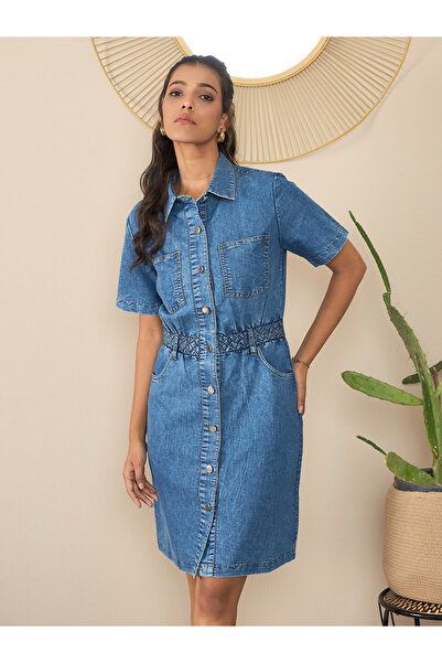 Stylestone By Styli Blue Denim Mini Dress with Button Detail