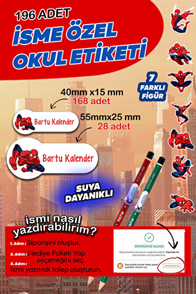 tifopix Okul Etiketi Kalem Defter isimli Etiket isim Yazılabilen Örümcek Temalı sticker-196 adet