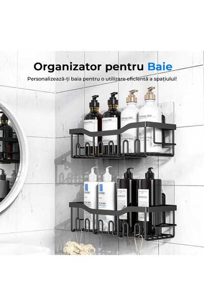 Elindor Shower shelf, bathroom shelf, for kitchen storage, bathroom organizer, adhesive mount, Black