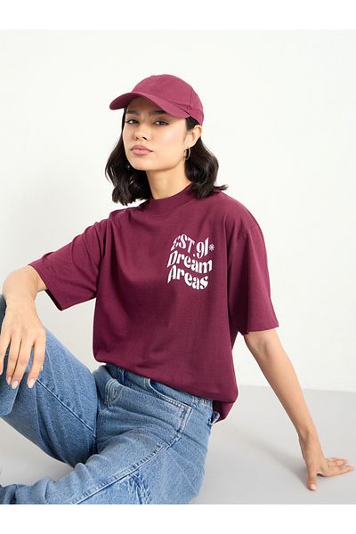 Styli Burgundy Slogan Oversized T-Shirt